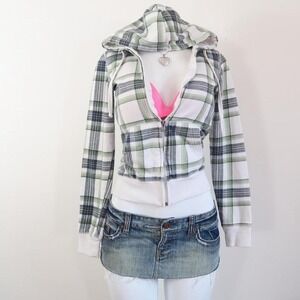 plaid zip up hoodie green white fitted y2k skater size XS
